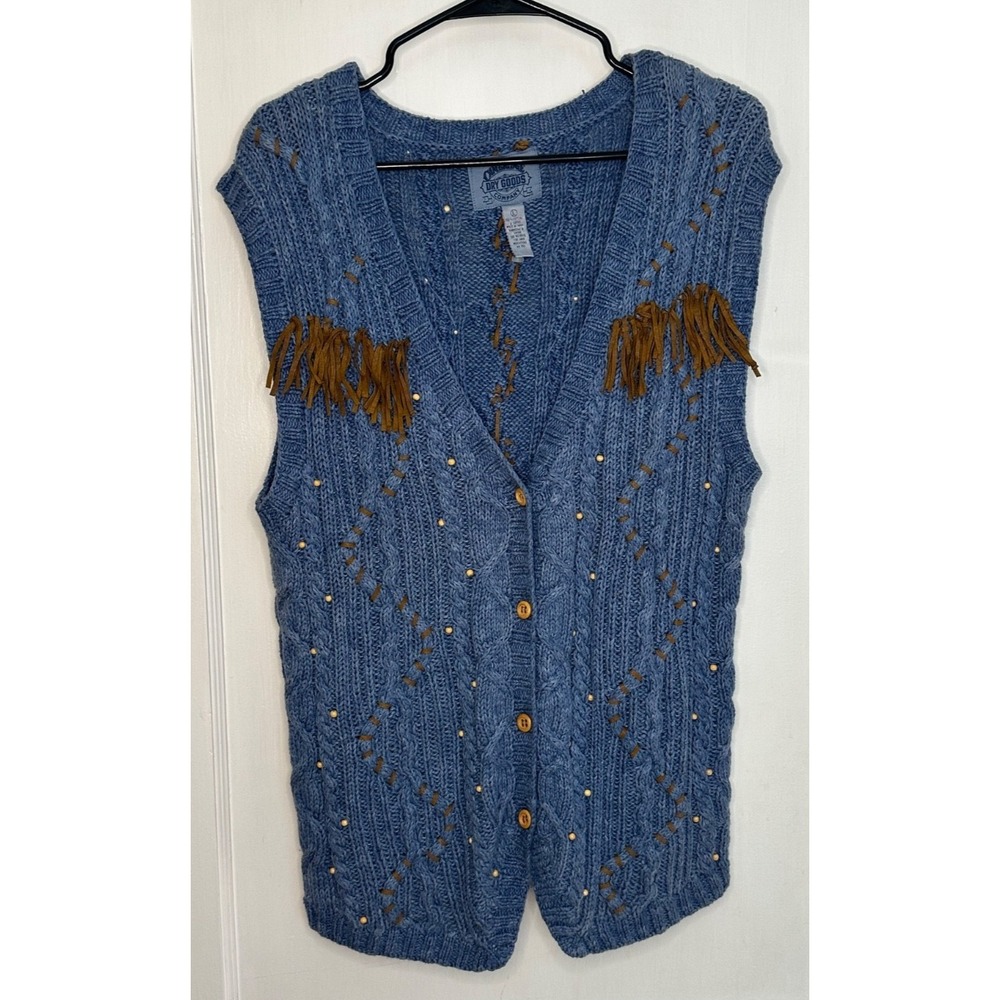 VTG Cambridge Dry Goods Co Size L Blue Beaded Suede Fringe‎ Sweater Vest Western
